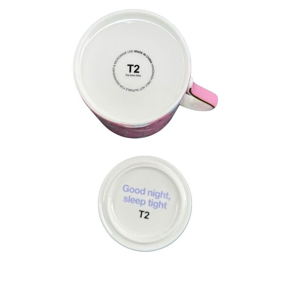 T2 Fine Bone China Tea Mug & Lid Gold Rim Sleep Tight Moon 3rd Eye Pink 13.5floz - Picture 3 of 11